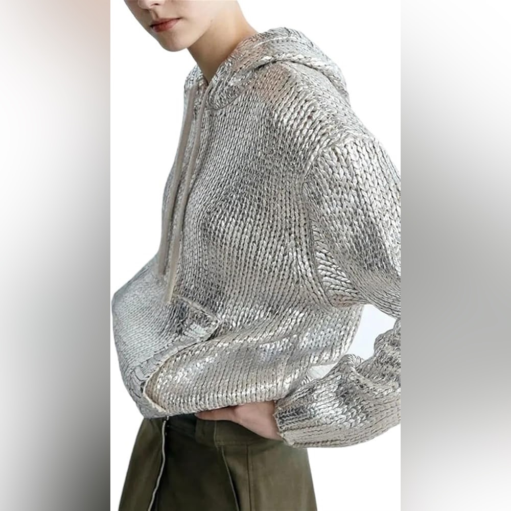 Metallic Silver Knit Hoodie Sweatshirt‎ Maximalist Whimsycore XL